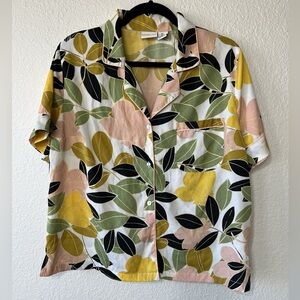 Rachel Zoe Pajama Lounge Set Floral Print Short Sleeve Button Up Shorts L